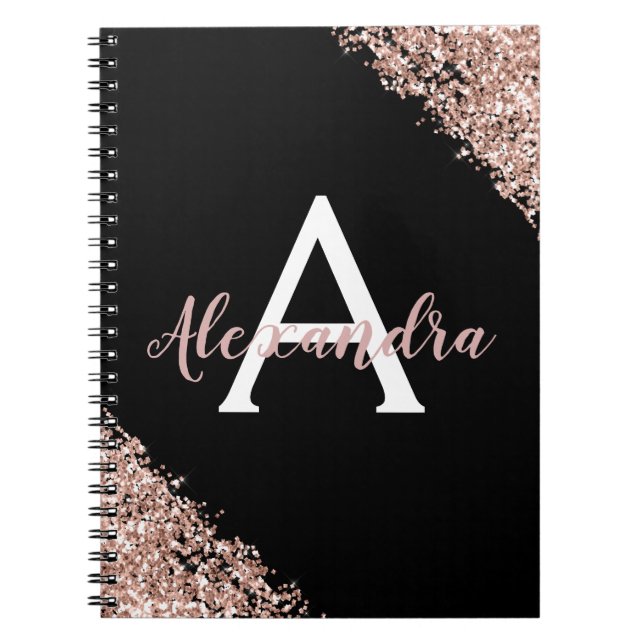 Svart och roséguld folie glitter monogram journal anteckningsbok (Framsidan)