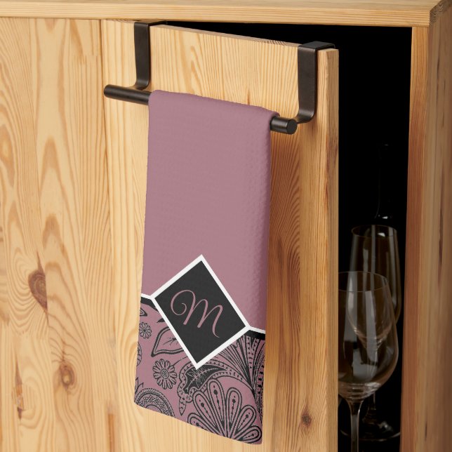 Svart och roséguld paisley-monogram köksduk kökshandduk (Thirds Fold)