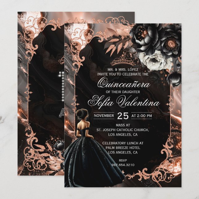 Svart och roséguld Quinceañera-inbjudan Inbjudningar (Fram/baksida)