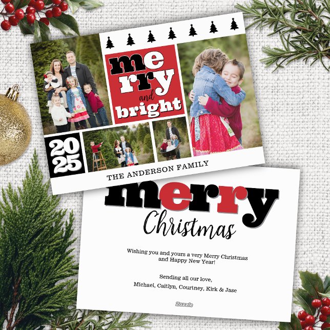 Svart och rött foto Collage Merry och Bright Julkort (red black and white merry and bright christmas card with 4 photo collage family name year message)