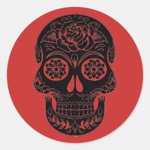 Svart och Rött socker Skull/Day of the dead-påsa Runt Klistermärke