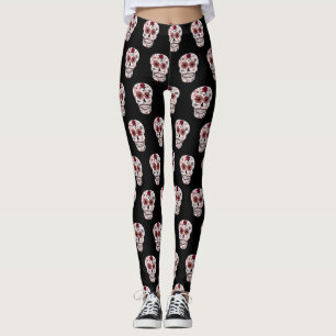 Svart och rött socker Skullskinn Leggings