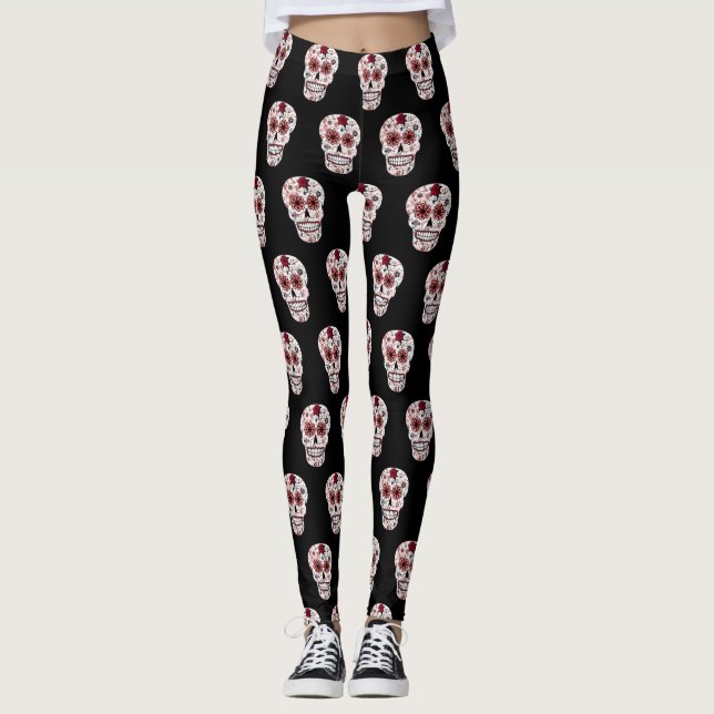 Svart och rött socker Skullskinn Leggings (Framsida)