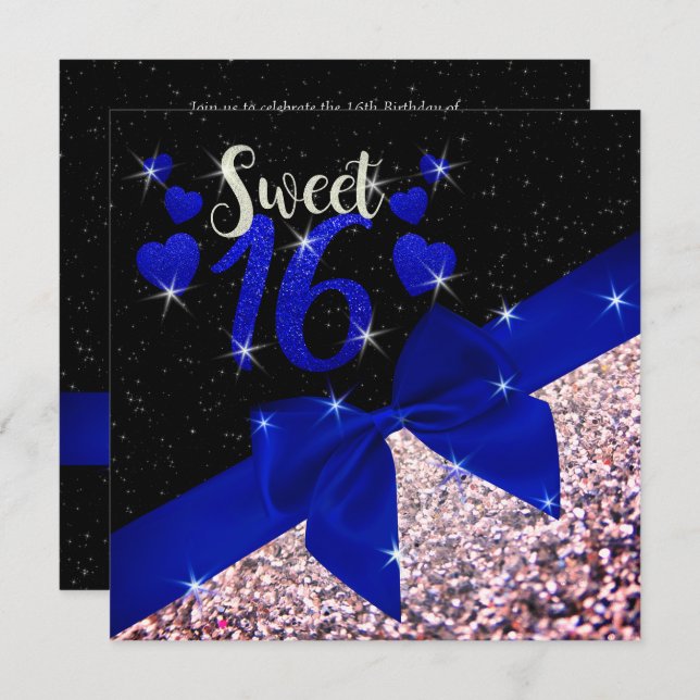 Svart och Royal Blue Glittery Sweet 16 Inbjudan (Fram/baksida)