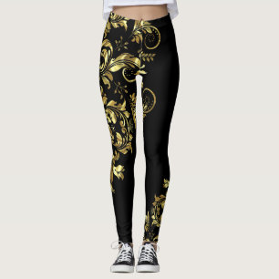 Svart och shiny Guld Blommigt Snöre asymmetrisk de Leggings