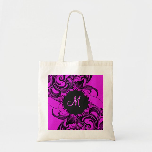 Svart och Shock rosa Blommigt Swirls-Monogram Tygkasse (Framsidan)