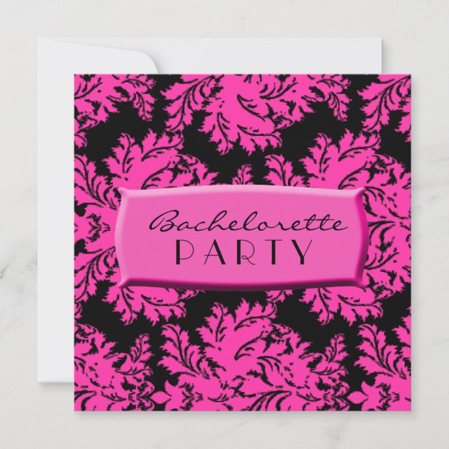 Svart och Shock rosa Damask Inbjudningar (Framsida)