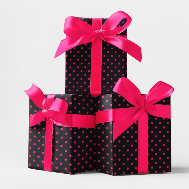 Svart och Shock rosa, liten polka punkt Presentpapper (Black and Hot Pink Small Polka Dot Wrapping Paper)