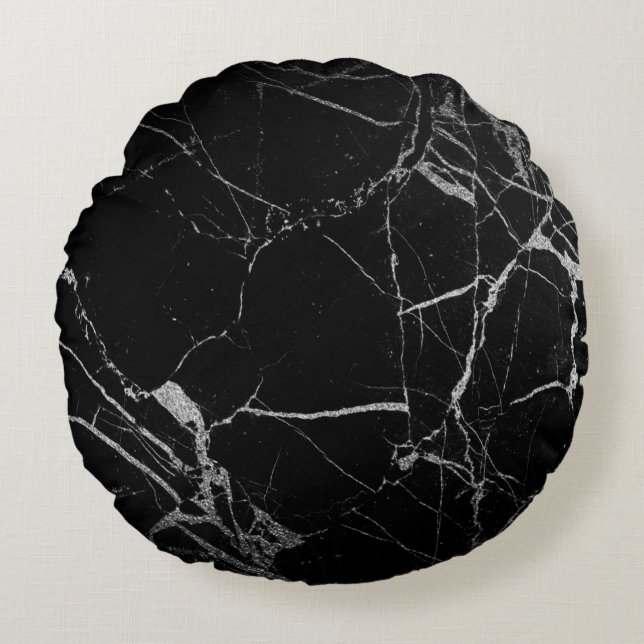 Svart och silver Ådrad Marmor Rund Kudde (Framsidan)