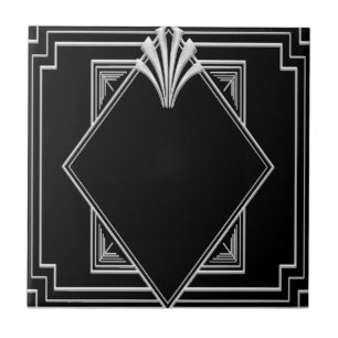 Svart och Silver Art Deco Ceramic Tile. Kakelplatta