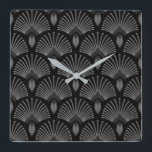 Svart och Silver Art Deco Fläkt-designklocka Fyrkantig Klocka<br><div class="desc">Klassiskt vägglås för svart och Silver Art Deco Peacock Fläkt.</div>