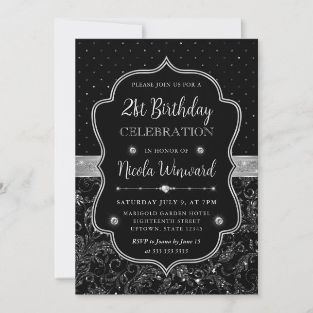 Svart och silver Art Deco Glitter 21-årsdag Inbjudningar (Framsida)