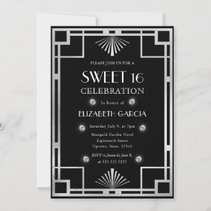 Svart och silver Art Deco Vintage ram Sweet 16 Inbjudningar