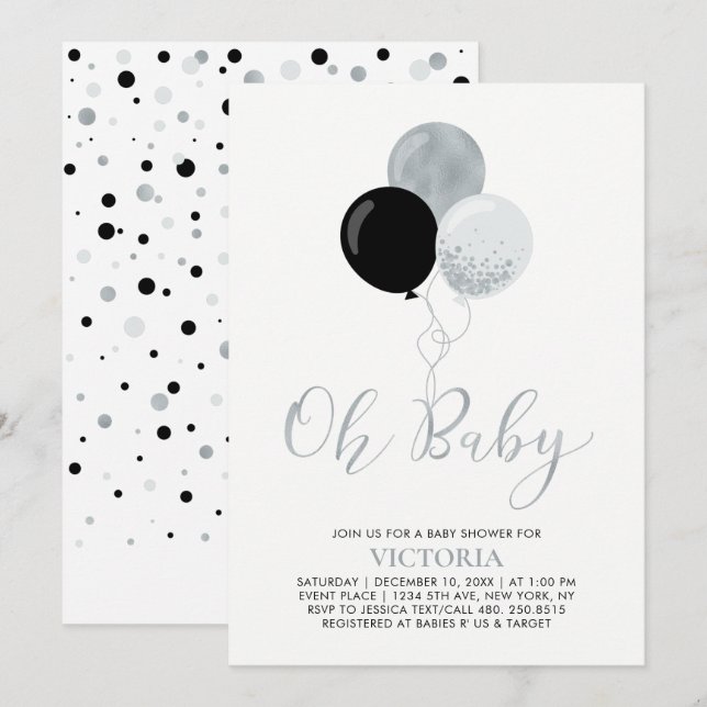 Svart och Silver-ballonger | Oh Pojke Baby Shower Inbjudningar (Fram/baksida)