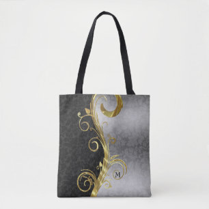 Svart och Silver-Blommigt-skadedjur och Guld Swirl Tygkasse