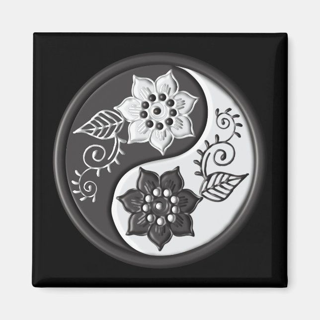 Svart och silver blomster Yin Yang Magnet (Framsidan)