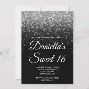 Svart och silver bokeh konfetti Sweet 16 Inbjudningar