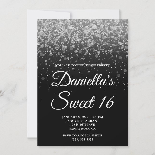 Svart och silver bokeh konfetti Sweet 16 Inbjudningar (Framsida)