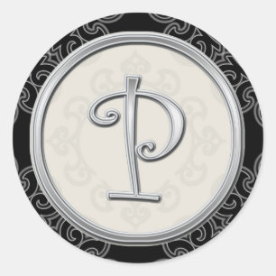 Svart och Silver Bröllop Monogram P Runt Klistermärke