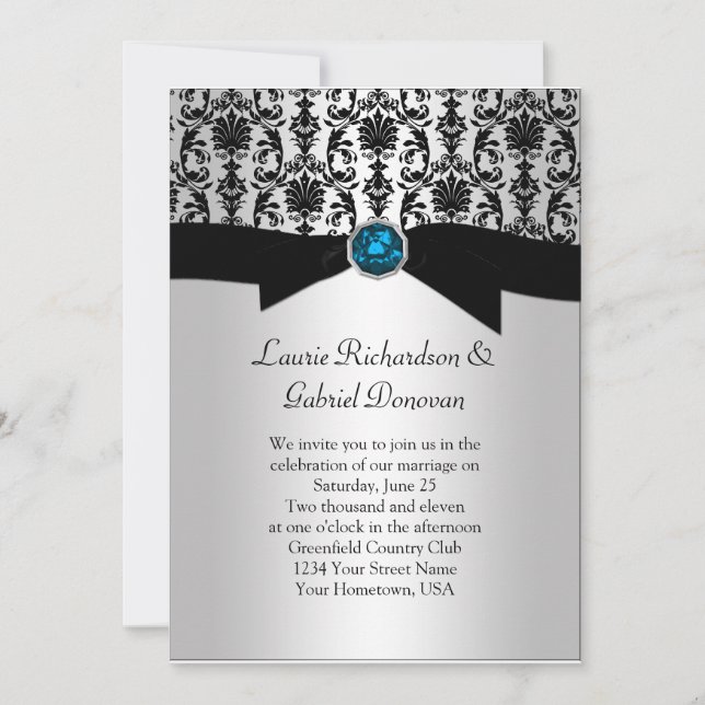 Svart och Silver Damask Blue Jude Bröllop Invit Inbjudningar (Framsida)