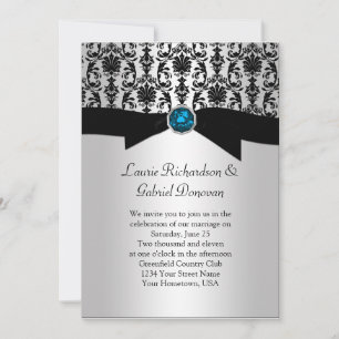 Svart och Silver Damask Blue Jude Bröllop Invit Inbjudningar
