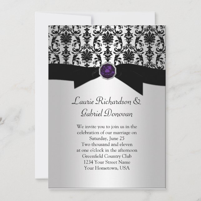 Svart och Silver Damask Lila Jude Bröllop Invit Inbjudningar (Framsida)