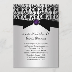Svart och Silver Damask Lila Jude Bröllop Invit Inbjudningar