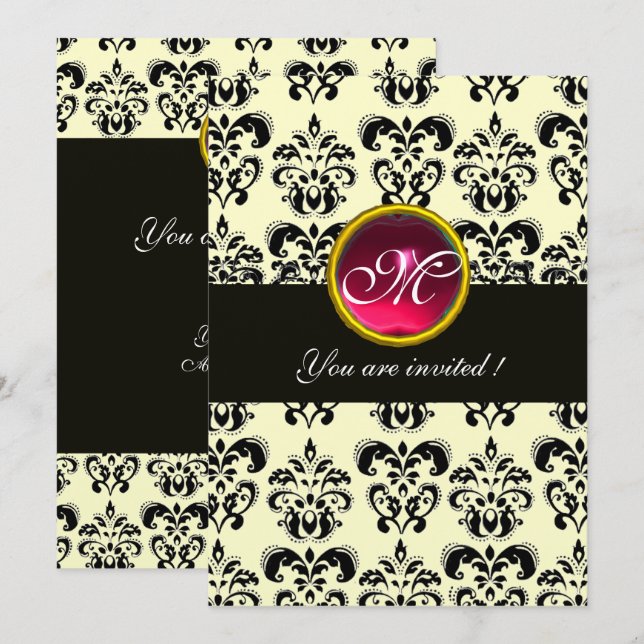 SVART OCH SILVER DAMASK MONOGRAM, rödvit ruby vit Inbjudningar (Fram/baksida)
