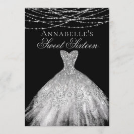 Svart och Silver Diamond Gnistra Dress Sweet 16 Inbjudningar