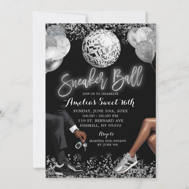 Svart och silver Disco Sneaker Ball Födelsedag Inbjudningar (Framsida)