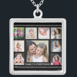 Svart och Silver-familjekurs 9 fotokollage Silverpläterat Halsband<br><div class="desc">Unikt fotosamlingslack för att anpassa med 9 bilder. Familjen är allt citattypografi som gör bild ram halsband till en nyckelfråga för familjemedlemmar.</div>
