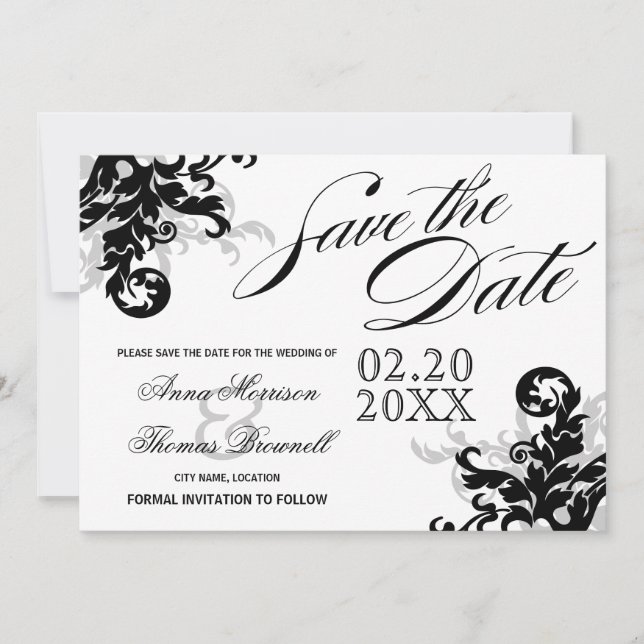 Svart och silver Flourish Spara datumet (Framsida)