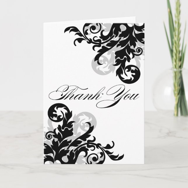 Svart och silver Flourish Tack Kort (Framsida)