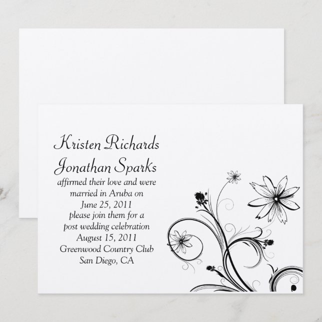 Svart och Silver Flower Swirls Post Bröllop Celebr Inbjudningar (Fram/baksida)