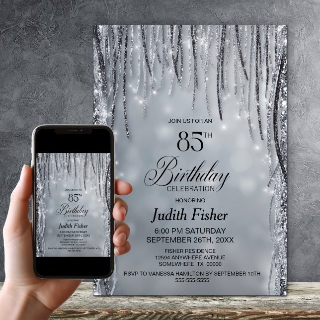 Svart och silver glitter 85-årsfest inbjudningar (Skapare uppladdad)
