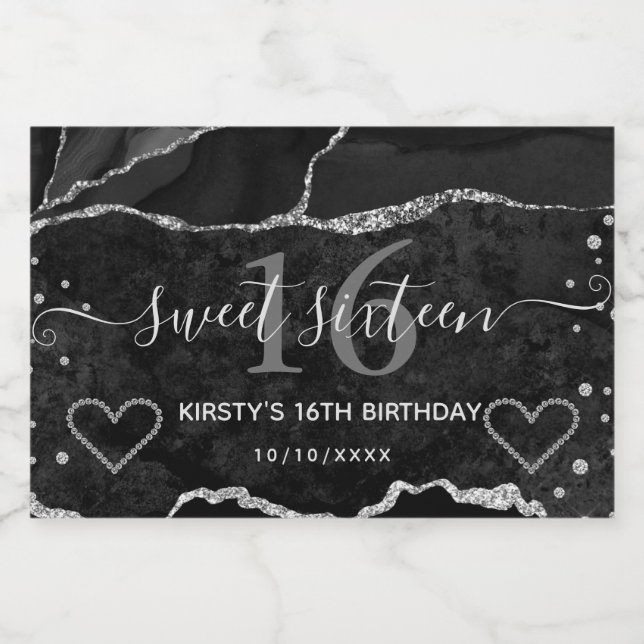 Svart och silver glitter agat marmor Sweet 16 (Enkel etikett)
