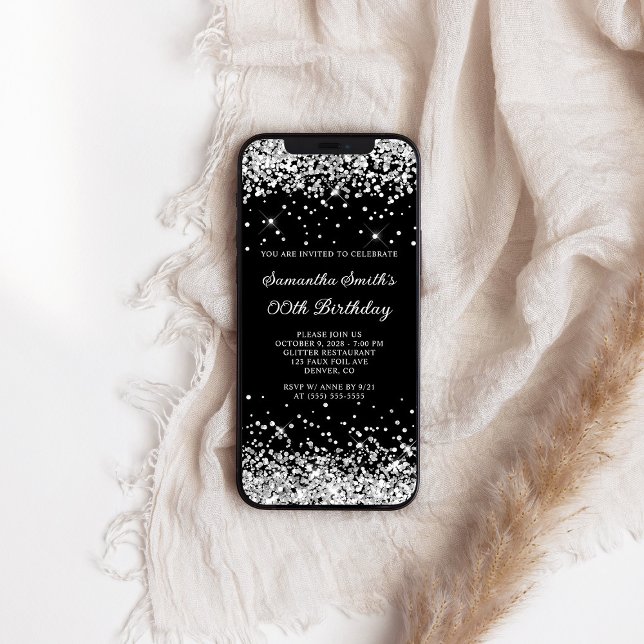 Svart och silver glitter Alla åldrar Födelsedag Inbjudningar (Black and Silver Glitter Any Age Birthday Invitation)