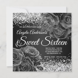 Svart och silver glitter blomster glam söt sextonå inbjudningar