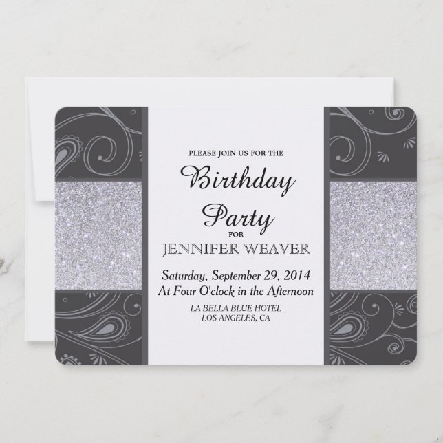 Svart och Silver Glitter och Swirls design Inbjudningar (Framsida)