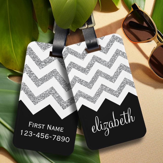 Svart och Silver Glitter Skriv ut Chevron och Namn Bagagebricka (Personalized luggage tag with monogram - contact info on back)