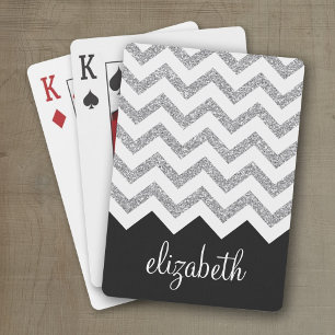 Svart och Silver Glitter Skriv ut Chevron och Namn Casinokort