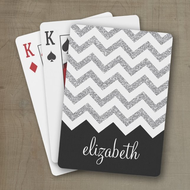 Svart och Silver Glitter Skriv ut Chevron och Namn Casinokort (Personalized playing cards with a zig zag pattern and a place for a name or monogram)
