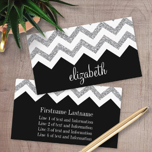 Svart och Silver Glitter Skriv ut Chevron och Namn Visitkort