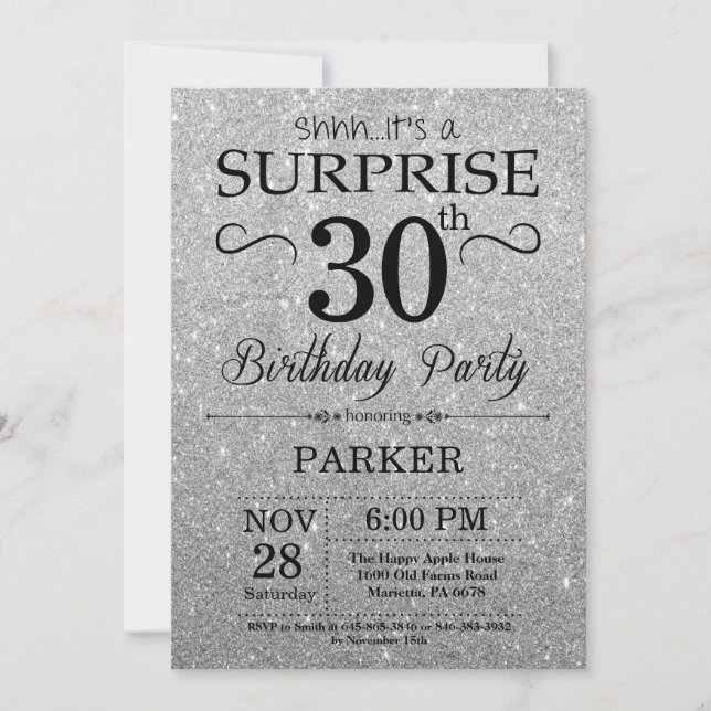 Svart och Silver Glitter Surprise 30års födelsedag Inbjudningar (Framsida)