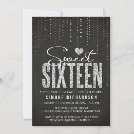 Svart och Silver Glitter Sweet 16 Inbjudningar