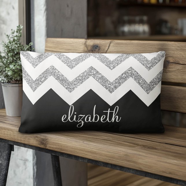 Svart och Silver Glitter-utskrifter och Namn Lumbarkudde (Custom Pillow)
