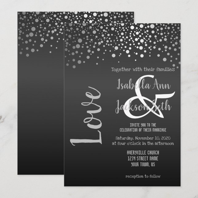 Svart och Silver konfetti-punkter Inbjudningar (Fram/baksida)