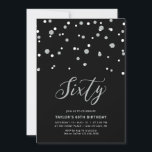 Svart och Silver-konfetti sextio sextionde Födelse Inbjudningar<br><div class="desc">Fira din speciella dag med detta minsta 60:e födelsedagsfest inbjudan. Den här designen har en snyggt som skriver skriptet "Sextio" med hexagonformade konfetti med en kombination av svart och silver färg. Fler inbjudningar och party-tillbehör finns på min butik BaraBomDesign.</div>