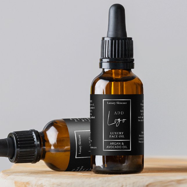 Svart och Silver Logotyp 1 OZ-oljedropparetikett F Adressetikett (Elegant black and silver 1 OZ cosmetic bottle wraparound label *verify size*)