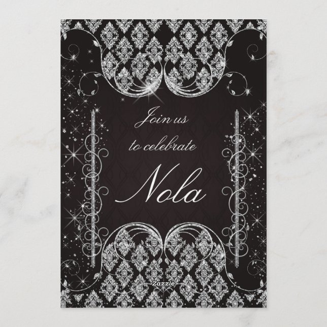 Svart och Silver Maskeradbal Inbjudan (Baksida)